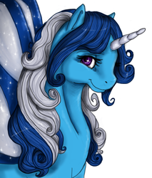 Size: 530x621 | Tagged: safe, artist:silvermoonbreeze, oc, oc only, oc:moondrop, unicorn, g2, art trade, augmented wings, bust, colored horn, female, g2 oc, horn, looking at you, mare, portrait, purple eyes, simple background, solo, white background