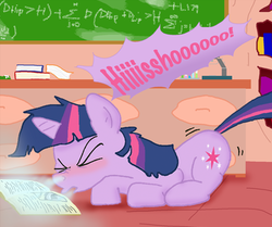 Size: 362x303 | Tagged: safe, artist:ajmstudios, twilight sparkle, g4, blushing, book, chalkboard, cropped, female, golden oaks library, library, sick, sneezing, sneezing fetish, solo