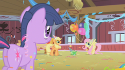 Size: 853x480 | Tagged: safe, screencap, applejack, fluttershy, gummy, twilight sparkle, g4, party of one, balloon