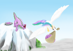 Size: 1000x700 | Tagged: safe, artist:lemurkatta, princess celestia, spike, g4, dragoness, egg, flying, mountain, nest, origins, stealing