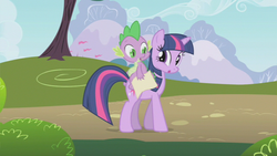 Size: 853x480 | Tagged: safe, screencap, spike, twilight sparkle, dragon, pony, g4, dragons riding ponies, riding, spike riding twilight