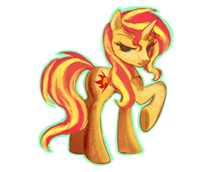 Size: 500x385 | Tagged: dead source, safe, artist:cosmicunicorn, sunset shimmer, pony, unicorn, g4, female, looking at you, looking back, raised hoof, simple background, solo