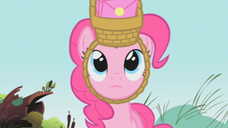 Size: 853x480 | Tagged: safe, screencap, pinkie pie, g4, party of one, basket, basket hat, female, hat, solo
