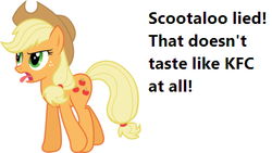 Size: 444x250 | Tagged: safe, applejack, scootaloo, earth pony, pony, g4, caption, female, implied foalcon, implied licking, kfc, lesbian, mare, meme, scootachicken, scootajack, shipping, simple background, solo, text, tongue out, white background