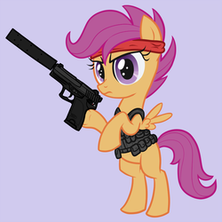 Size: 750x750 | Tagged: safe, artist:arrkhal, scootaloo, pegasus, pony, g4, bandana, bipedal, counter-strike, crossover, female, gun, pistol, rambo, solo, suppressor, terrorist, usp