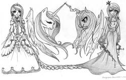 Size: 1024x653 | Tagged: dead source, safe, artist:hungrylen, princess cadance, queen chrysalis, alicorn, changeling, changeling queen, human, g4, clothes, crown, dress, ear piercing, earring, eyes closed, fangs, gloves, horn, humanized, jewelry, long gloves, monochrome, piercing, regalia, sword, traditional art, weapon, wedding dress