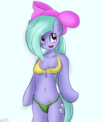 Size: 900x1077 | Tagged: safe, artist:freefraq, flitter, pegasus, anthro, semi-anthro, g4, arm hooves, belly button, bra, bra on pony, breasts, busty flitter, clothes, female, panties, ribbon, solo, underwear