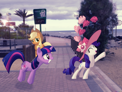 Size: 2560x1920 | Tagged: safe, artist:almostfictional, artist:cherrygrove, artist:colorfulbrony, artist:yetioner, applejack, rarity, twilight sparkle, earth pony, pony, unicorn, g4, ^^, eyes closed, female, hat, irl, mare, photo, ponies in real life, unicorn twilight