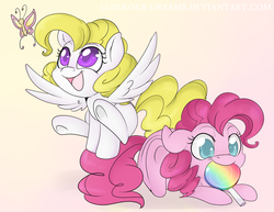 Size: 900x695 | Tagged: safe, artist:lustrous-dreams, pinkie pie, surprise, butterfly, pony, g4, filly, lollipop
