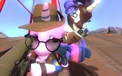Size: 1680x1050 | Tagged: safe, artist:pinkie diane roosevelt phd, rarity, twilight sparkle, g4, 3d, dexterous hooves, gmod, imminent spine reconstructuring, knife, rarispy, team fortress 2, twilight sniper