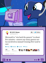 Size: 563x769 | Tagged: safe, princess luna, gamer luna, g4, e3, exploitable meme, fake, seems legit, text, tv meme, twitter, xbox one