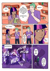 Size: 755x1059 | Tagged: safe, artist:demdoodles, dj pon-3, spike, twilight sparkle, vinyl scratch, comic:measurements, g4, comic, dark skin, female, humanized, male, ship:sparity, shipping, straight, wub