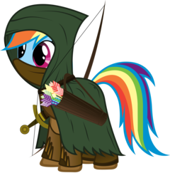 Size: 3208x3342 | Tagged: safe, artist:rainbowcrab, rainbow dash, pegasus, pony, g4, archer dash, arrow, bow (weapon), bow and arrow, cloak, clothes, female, hood, ithilien, ithilien rangers, lord of the rings, quiver, simple background, solo, sword, transparent background, vector, warrior, weapon