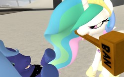 Size: 1680x1050 | Tagged: safe, artist:pinkie diane roosevelt phd, princess celestia, princess luna, alicorn, pony, g4, 3d, banhammer, female, gmod, hoof shoes, jewelry, lidded eyes, mare, mouth hold, open mouth, peytral, regalia, s1 luna, tiara, trollestia