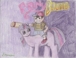 Size: 900x691 | Tagged: safe, artist:dwreanpony, twilight sparkle, g4, crossover, earthbound, ness, nintendo, riding, traditional art