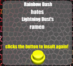 Size: 351x319 | Tagged: safe, lightning dust, rainbow dash, g4, insult, king of buttons, king of buttons 3, ramen