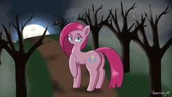 Size: 1920x1080 | Tagged: safe, artist:verminshy, pinkie pie, earth pony, pony, g4, butt, dead tree, female, forest, full moon, lidded eyes, looking at you, mare, moon, night, pinkamena diane pie, plot, raised hoof, solo, stars, tree