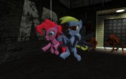 Size: 1680x1050 | Tagged: safe, artist:pinkie diane roosevelt phd, derpy hooves, pinkie pie, pegasus, pony, g4, 3d, female, gmod, half-life, half-life: opposing force, happy, mare, pit drone, race x