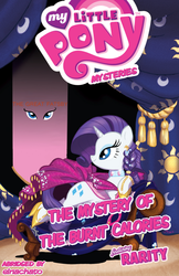 Size: 1444x2222 | Tagged: safe, artist:amy mebberson, edit, idw, official comic, rarity, pony, unicorn, series:my little pony mysteries, series:the mystery of the burnt calories, g4, micro-series #3, my little pony micro-series, comic book, female, hoof shoes, horn, mare, parody, smiling