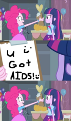 Size: 413x700 | Tagged: safe, edit, pinkie pie, twilight sparkle, equestria girls, g4, note, pinkie's clipboard, sign, smiling