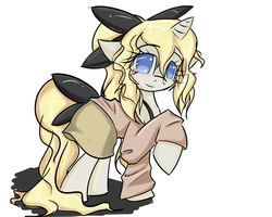 Size: 1280x1024 | Tagged: safe, artist:acharmingpony, pony, unicorn, blind, bow, clothes, female, katawa shoujo, lilly satou, mare, ponified, ponytail, raised hoof, skirt, smiling, solo, tail bow