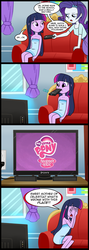 Size: 713x2000 | Tagged: safe, artist:madmax, edit, rarity, twilight sparkle, equestria girls, g4, comic, meta, mother of celestia, mouth hold, naked towel, pony (sony), square crossover, television, towel, what's wrong with this place