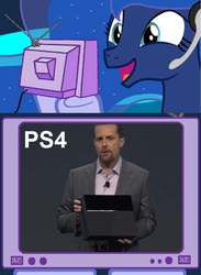 Size: 563x769 | Tagged: safe, princess luna, gamer luna, g4, e3, exploitable meme, playstation 4, tv meme