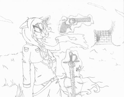 Size: 814x637 | Tagged: safe, artist:queen-ystella, hondo flanks, rarity, g4, alternate hairstyle, clothes, gun, rapier, revolver, scarf, wasteland six