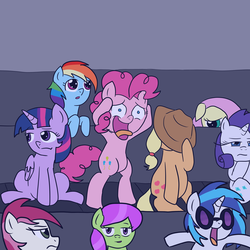 Size: 3500x3500 | Tagged: safe, artist:scapegoat, applejack, dj pon-3, fluttershy, merry may, pinkie pie, rainbow dash, rarity, roseluck, twilight sparkle, vinyl scratch, alicorn, pony, g4, e3, female, mane six, mare, twilight sparkle (alicorn)