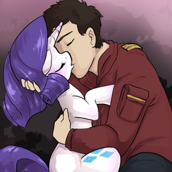 Size: 1024x1024 | Tagged: safe, artist:bigbuxart, rarity, human, pony, unicorn, g4, clothes, fanfic art, female, human fetish, human on pony action, interspecies, kissing, male, romance, smuggler, snuggling, star wars, xenophilia