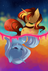 Size: 1000x1480 | Tagged: dead source, safe, artist:loyaldis, sunset shimmer, trixie, pony, unicorn, g4, duo, female, sad