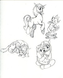 Size: 632x784 | Tagged: safe, artist:fillyphalanx, spike, twilight sparkle, dragon, pony, unicorn, g4, book, dancing, duo, female, hug, ink drawing, lineart, male, mare, simple background, sleeping, spikelove, traditional art, white background