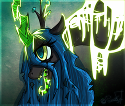 Size: 1300x1100 | Tagged: safe, artist:prusska, queen chrysalis, changeling, changeling queen, g4, drool, female, glowing, solo