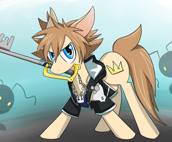 Size: 1024x844 | Tagged: safe, artist:celestial-voyager, disney, heartless, keyblade, kingdom hearts, mouth hold, ponified, sora