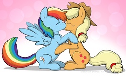 Size: 1150x700 | Tagged: safe, artist:arosyks, artist:spiralshockwave, applejack, rainbow dash, earth pony, pegasus, pony, g4, abstract background, applejack's hat, cowboy hat, duo, eyes closed, female, floppy ears, hair tie, hat, hoof on chest, kissing, lesbian, looking at each other, mare, nervous, ship:appledash, shipping, sitting, spread wings, wings