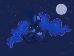 Size: 2048x1536 | Tagged: safe, artist:nkazhan, princess luna, g4, cloud, eyes closed, female, moon, solo