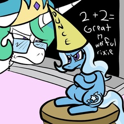 Size: 500x500 | Tagged: safe, artist:pembroke, princess celestia, trixie, pony, g4, chalkboard, dunce hat, female, glasses, hat, mare, sitting