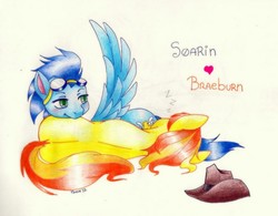 Size: 1280x997 | Tagged: safe, artist:hime-tomoe, braeburn, soarin', g4, butt pillow, cuddling, gay, male, ship:soarburn, shipping