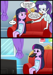 Size: 713x1001 | Tagged: safe, artist:madmax, edit, rarity, twilight sparkle, equestria girls, g4, comic, couch, cropped, mouth hold, naked towel, remote, television, towel, what's wrong with this place