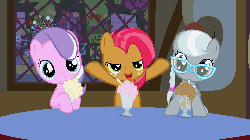 Size: 1280x720 | Tagged: safe, artist:prettycupcakes, babs seed, diamond tiara, silver spoon, earth pony, pony, g4, adorababs, adorabullies, animated, cute, diamondbetes, female, filly, freckles, glasses, hnnng, looking at you, milkshake, milkshake ponies, silverbetes, trio, weapons-grade cute