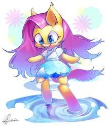 Size: 2790x3210 | Tagged: safe, artist:jggjqm522, fluttershy, pony, g4, bipedal, clothes, dress, female, puddle, solo