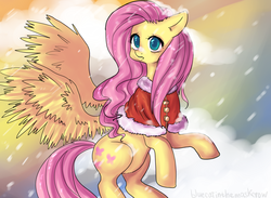 Size: 1366x1000 | Tagged: safe, artist:yukomaussi, fluttershy, g4, bad anatomy, butt wings, female, snow, snowfall, solo