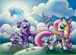 Size: 1200x877 | Tagged: safe, artist:agnesgarbowska, idw, angel bunny, fluttershy, opalescence, rarity, g4, clothes, comic, costume, cover, superhero