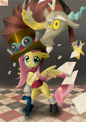 Size: 2893x4092 | Tagged: safe, artist:gashiboka, discord, fluttershy, pegasus, pony, g4, bipedal, cane, duo, goggles, hat, jack-in-the-box, transformation