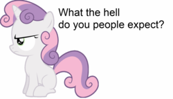 Size: 1575x899 | Tagged: safe, sweetie belle, g4, bronybait, female, simple background, solo, text, vector, white background