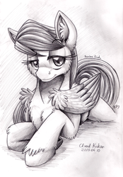 Size: 900x1291 | Tagged: safe, artist:inuhoshi-to-darkpen, cloud kicker, g4, ear fluff, female, monochrome, prone, raised eyebrow, solo, traditional art, unshorn fetlocks