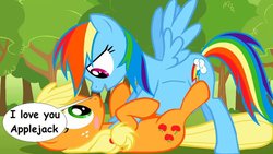 Size: 1024x576 | Tagged: safe, artist:preggoediter, applejack, rainbow dash, earth pony, pegasus, pony, g4, blushing, female, i love you, lesbian, mare, pregnant, ship:appledash, shipping