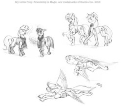 Size: 1280x1109 | Tagged: safe, artist:baron engel, applejack, rainbow dash, twilight sparkle, oc, oc:carousel, oc:petina, oc:sky brush, earth pony, pegasus, pony, unicorn, g4, boots, female, grayscale, hoof boots, mare, monochrome, pencil drawing, traditional art