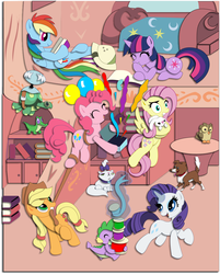 Size: 1908x2375 | Tagged: safe, artist:the-paper-pony, angel bunny, applejack, fluttershy, gummy, opalescence, owlowiscious, pinkie pie, rainbow dash, rarity, spike, tank, twilight sparkle, winona, g4, balloon, bed, book, golden oaks library, library, mane seven, mane six, reading