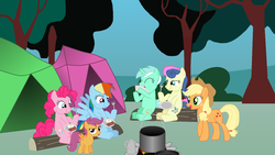 Size: 1920x1080 | Tagged: safe, artist:penguinlover115, applejack, bon bon, lyra heartstrings, pinkie pie, rainbow dash, scootaloo, sweetie drops, earth pony, pegasus, pony, unicorn, g4, applejack's hat, bacon, campfire, camping, cowboy hat, eating, egg, female, filly, food, hat, log, logs, meat, nom, phineas and ferb, ponies eating meat, reference, sitting, tent, tree